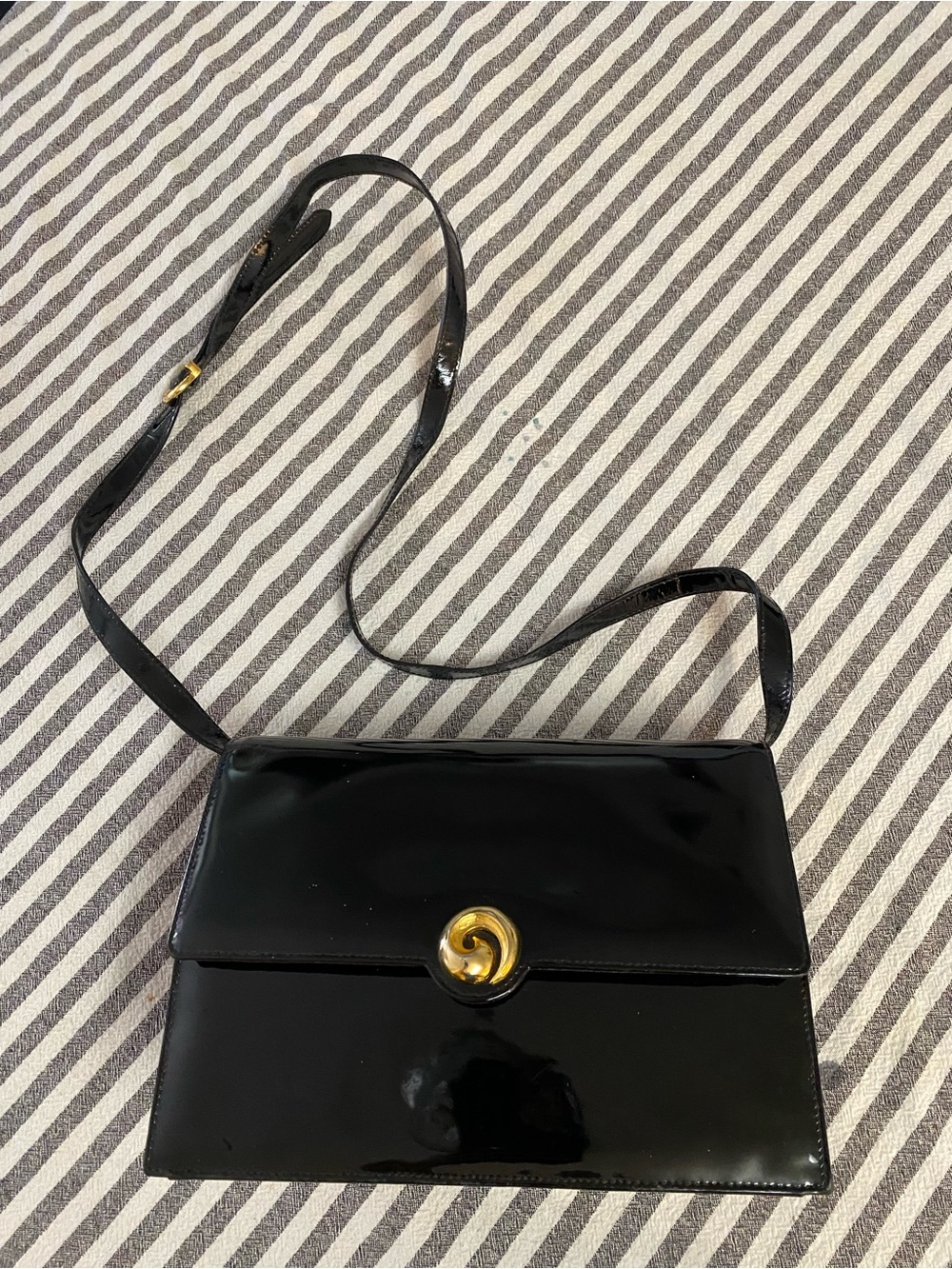 Vintage Salvatore Ferragamo Black Patent Leather Gancini Shoulder Bag
